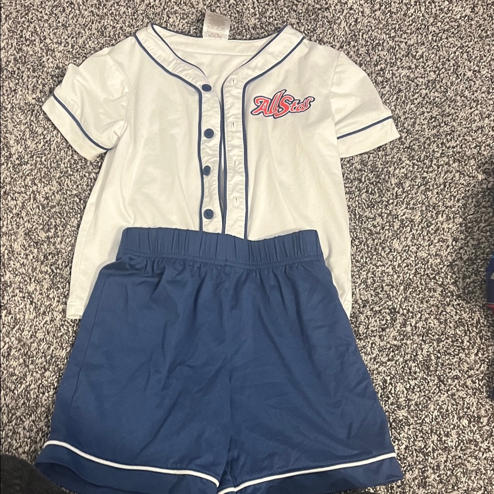 White and Blue Button-Up Shirt with Shorts Set